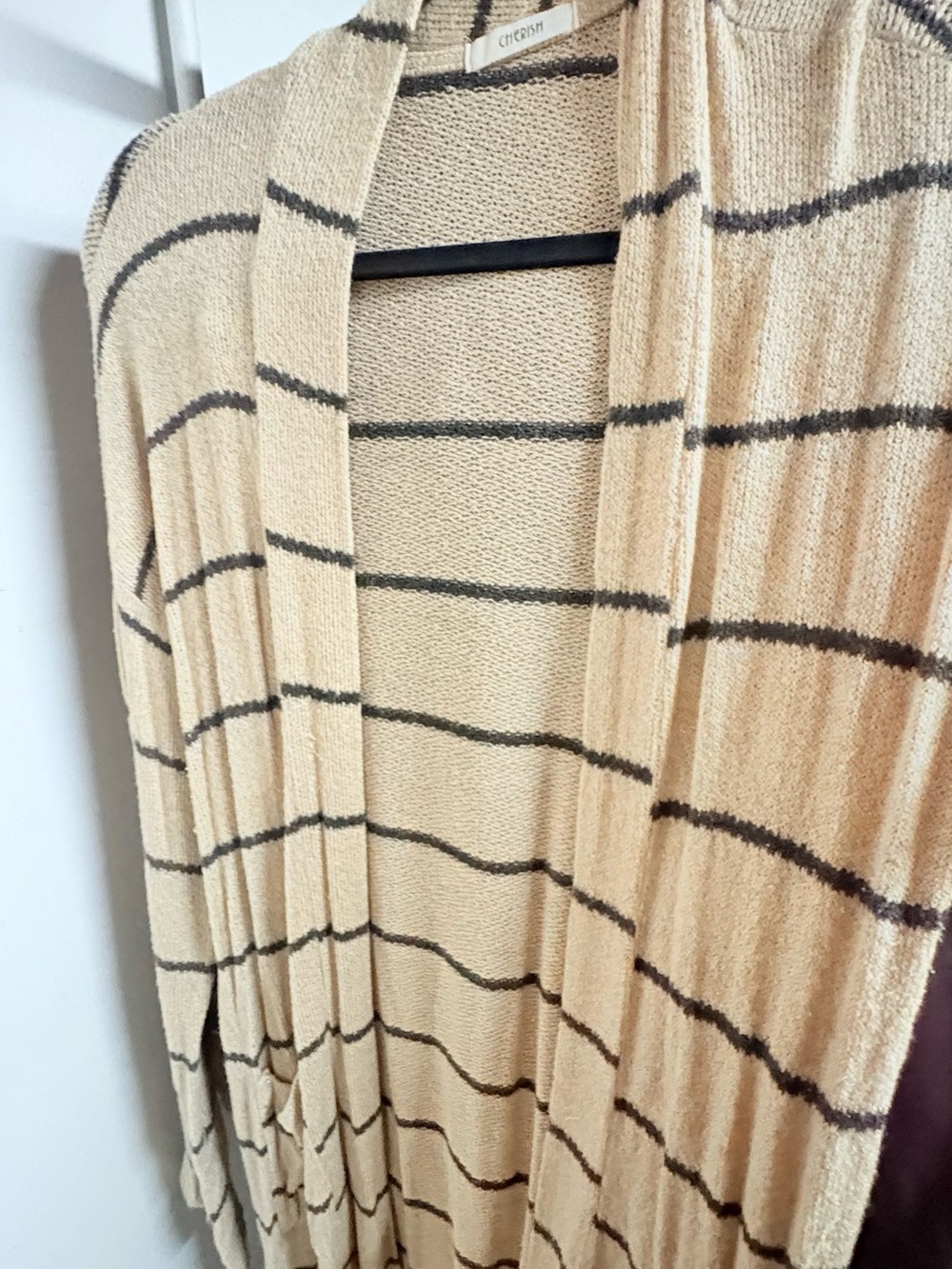Cherish Beige Open-Front Striped Knit Cardigan